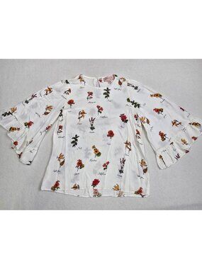 Philosophy Womens Small White Floral Print Bell Sleeve Blouse Keyhole